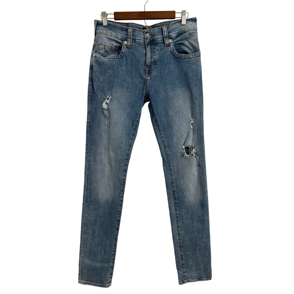True Religion Men's 30 Rocco Relaxed Skinny Ripped Distressed Jeans Light Wash